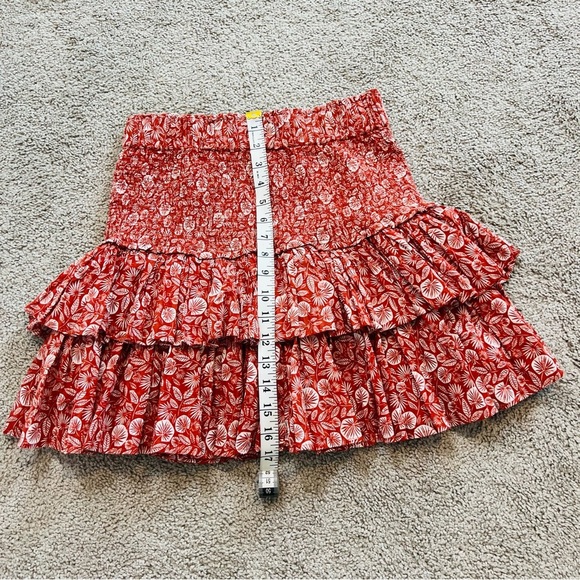 LOFT Palm-Printed Cotton Smocked Tiered Mini Skirt in Rich Chestnut. Size Small. - Picture 8 of 11